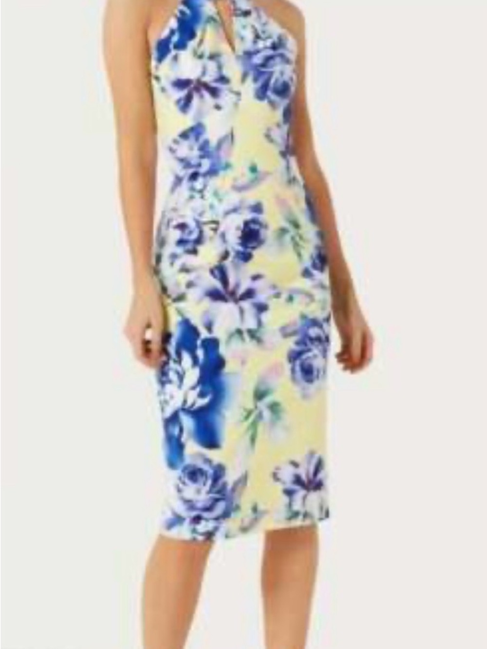 paper doll Yellow Floral Halter Midi Dress with Blue Blooms